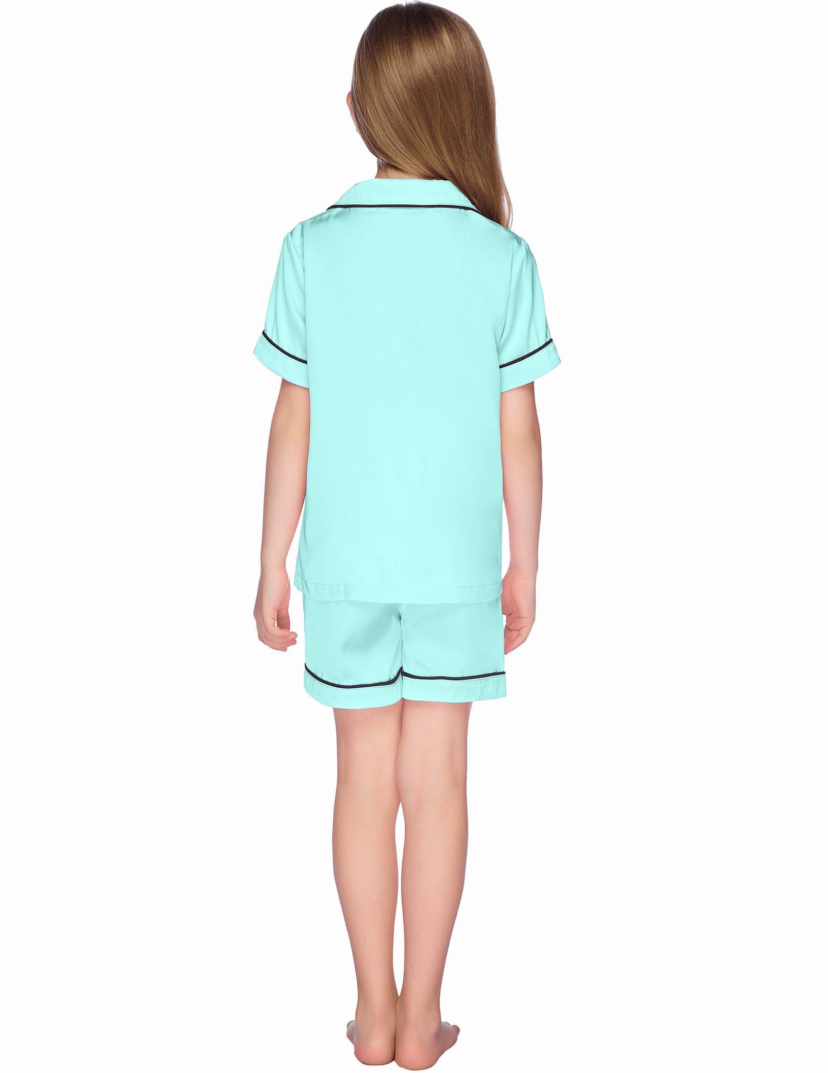 Kids satin pajama set in mint/green, shorts and short-sleeve top from back view.