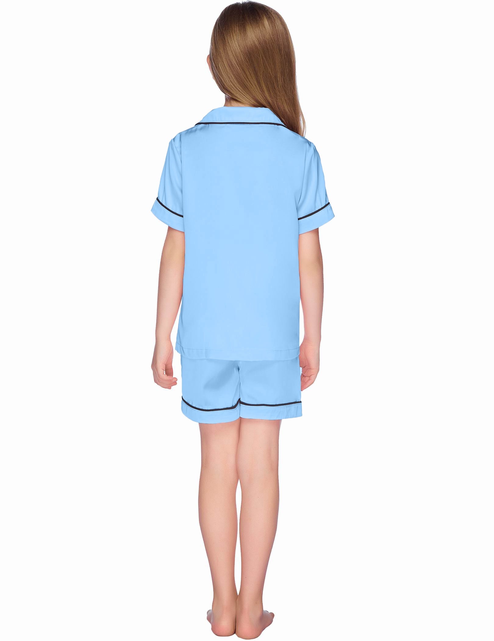 Kids satin pajama set, light blue short-sleeve top and matching shorts from back view.