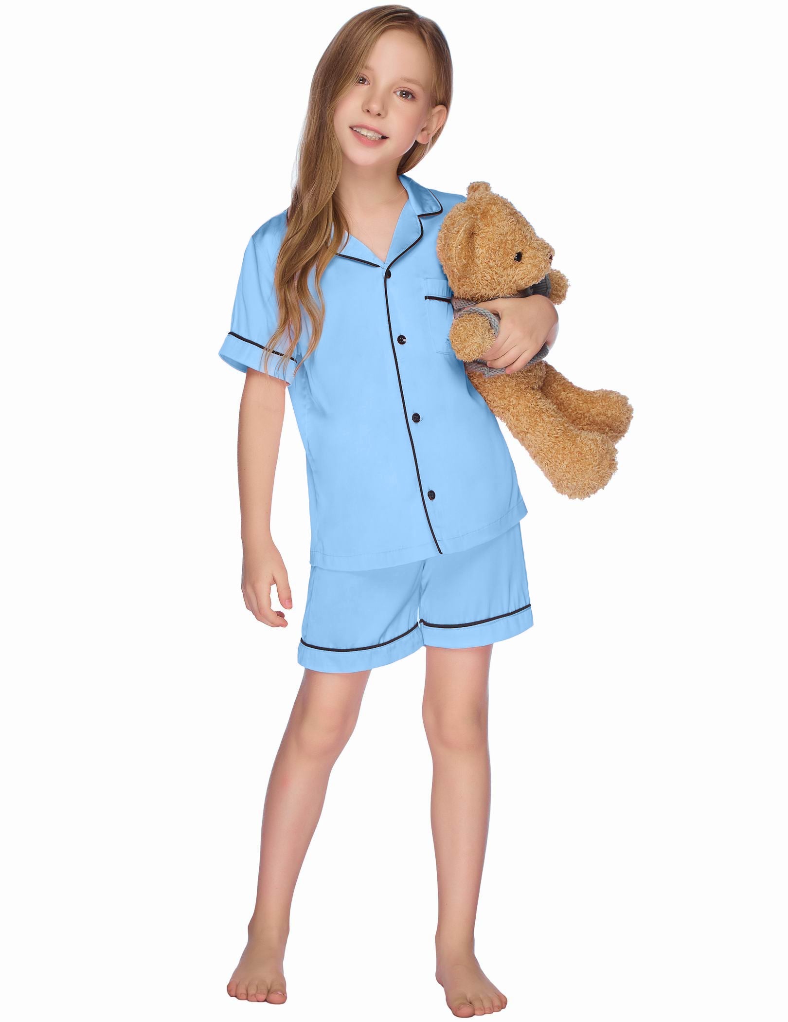 Kids satin pajama set, light blue short-sleeve button-up top with collar and matching shorts.