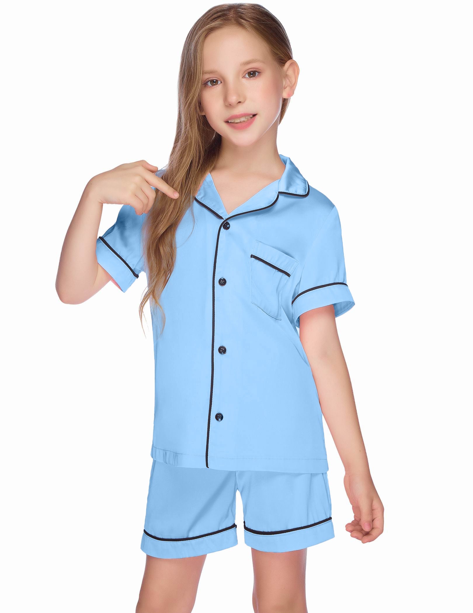 Kids satin pajama set in light blue with short-sleeve button-up top and pocket detail.