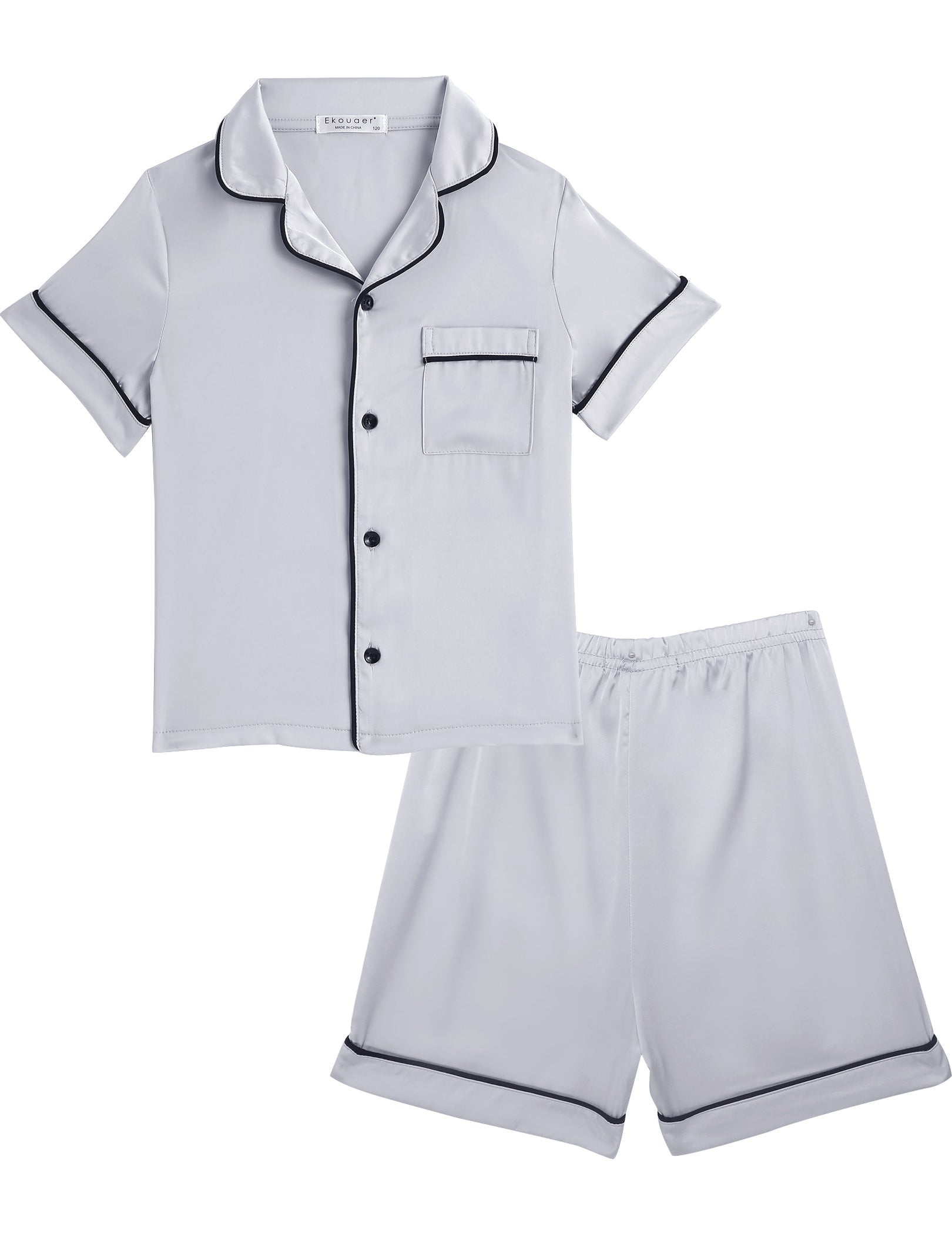 Kids satin pajama set, light gray short-sleeve button shirt and matching shorts with trim