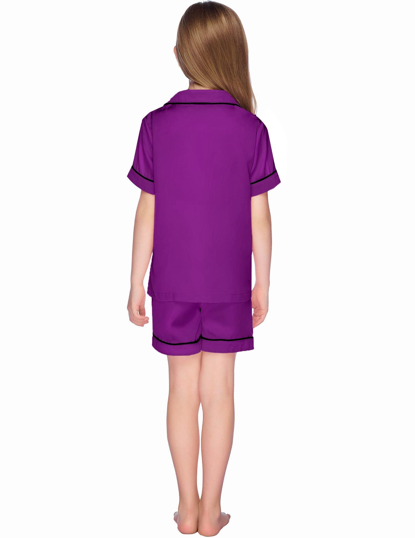 Kids satin pajama set, purple short-sleeve button shirt and matching shorts, back view