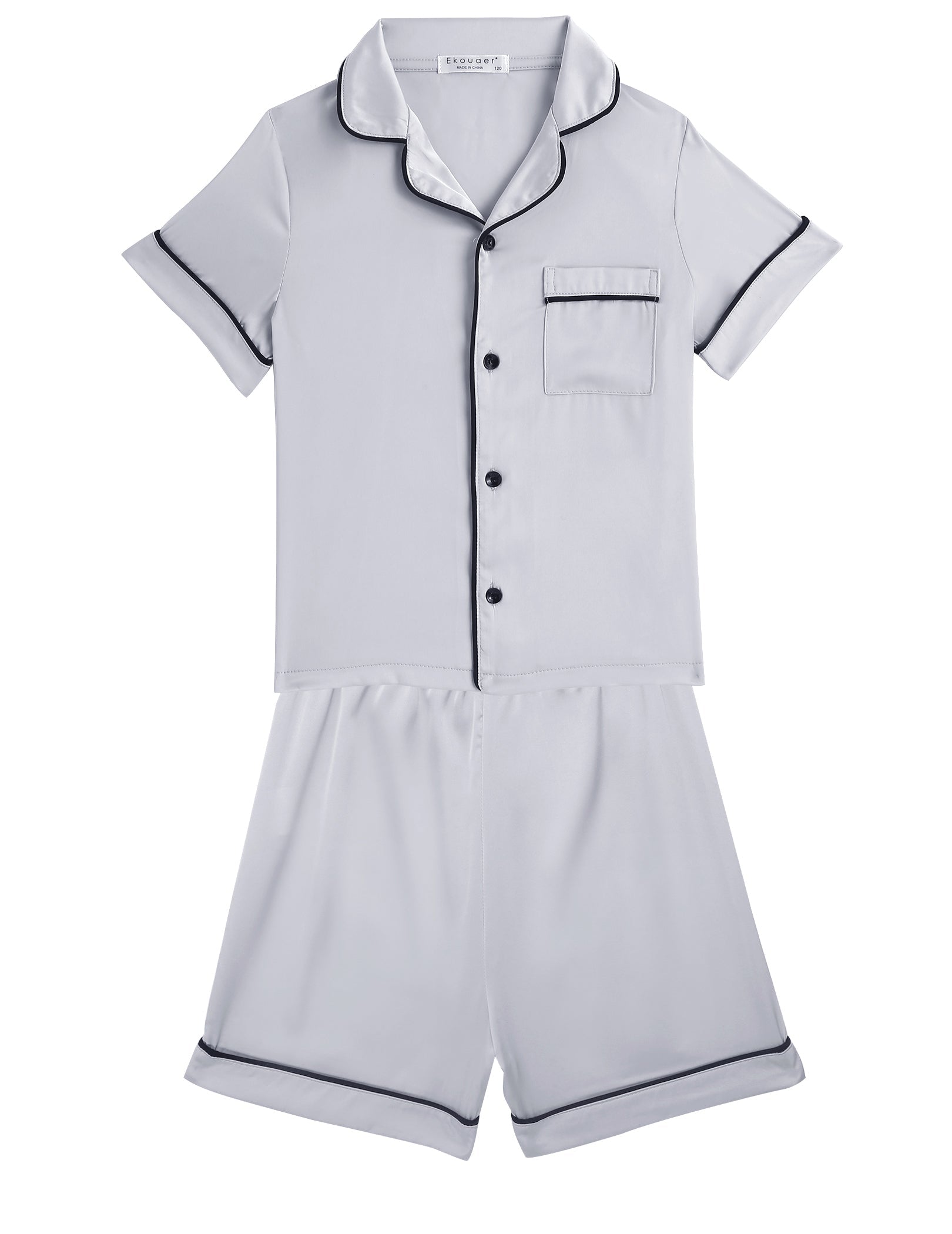 Kids satin pajama set, light gray short-sleeve button shirt with pocket and matching shorts