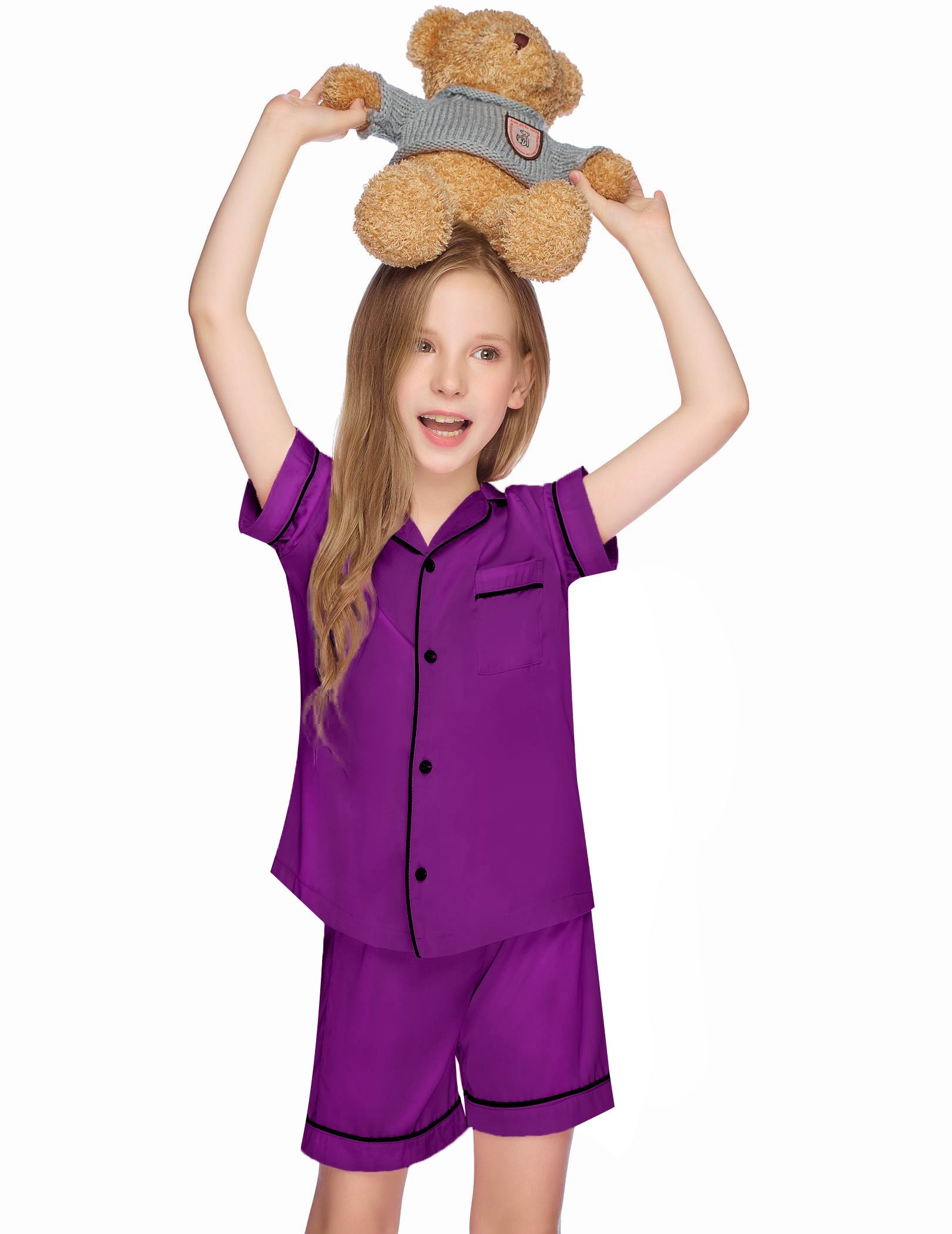 Kids satin pajama set, purple short-sleeve button shirt and matching shorts with trim
