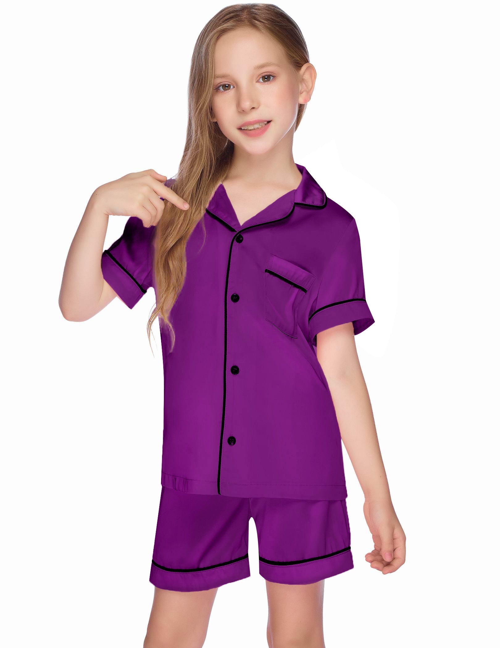 Kids satin pajama set, purple button-front shirt with chest pocket and matching shorts