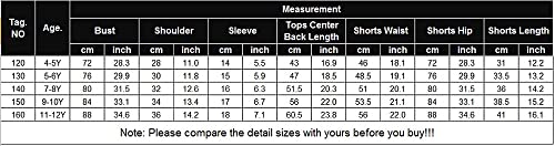 Kids pajama set size chart listing age, bust, sleeve, and shorts measurements