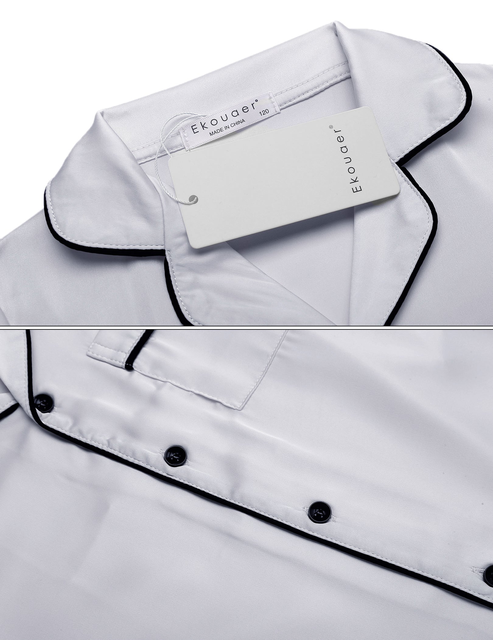 Kids satin pajama set, light gray button placket and collar with black piping