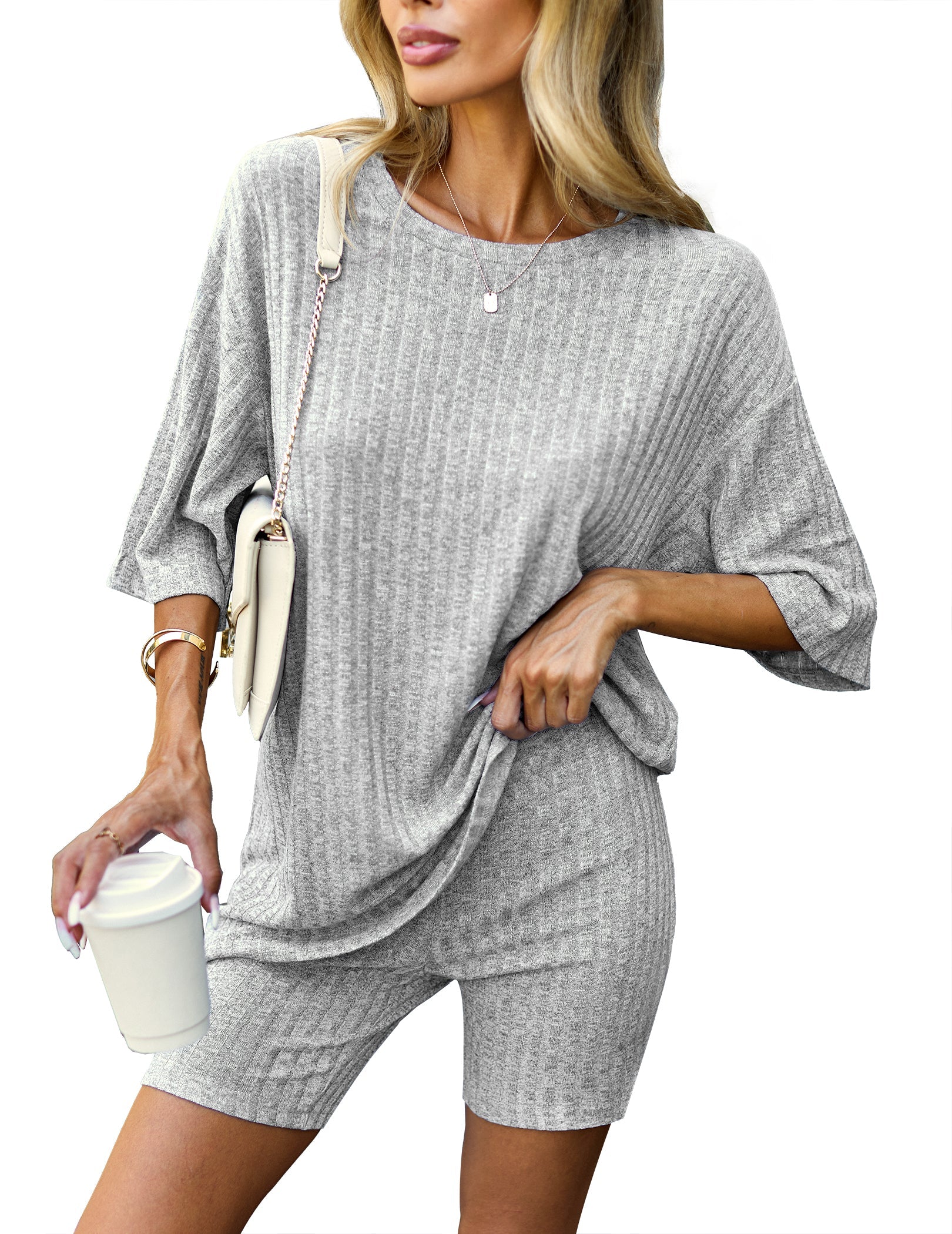 Grey knit pajama set with scoop-neck T-shirt and matching biker shorts