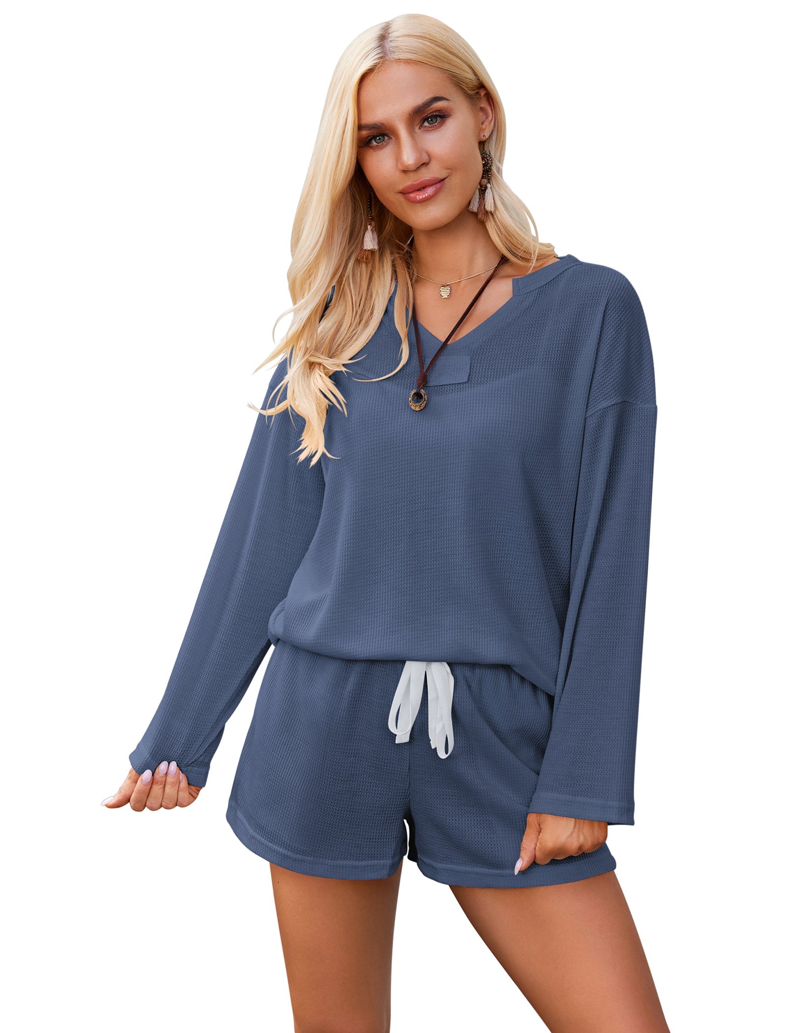 Blue knit long-sleeve pajama set with hooded neckline and drawstring shorts