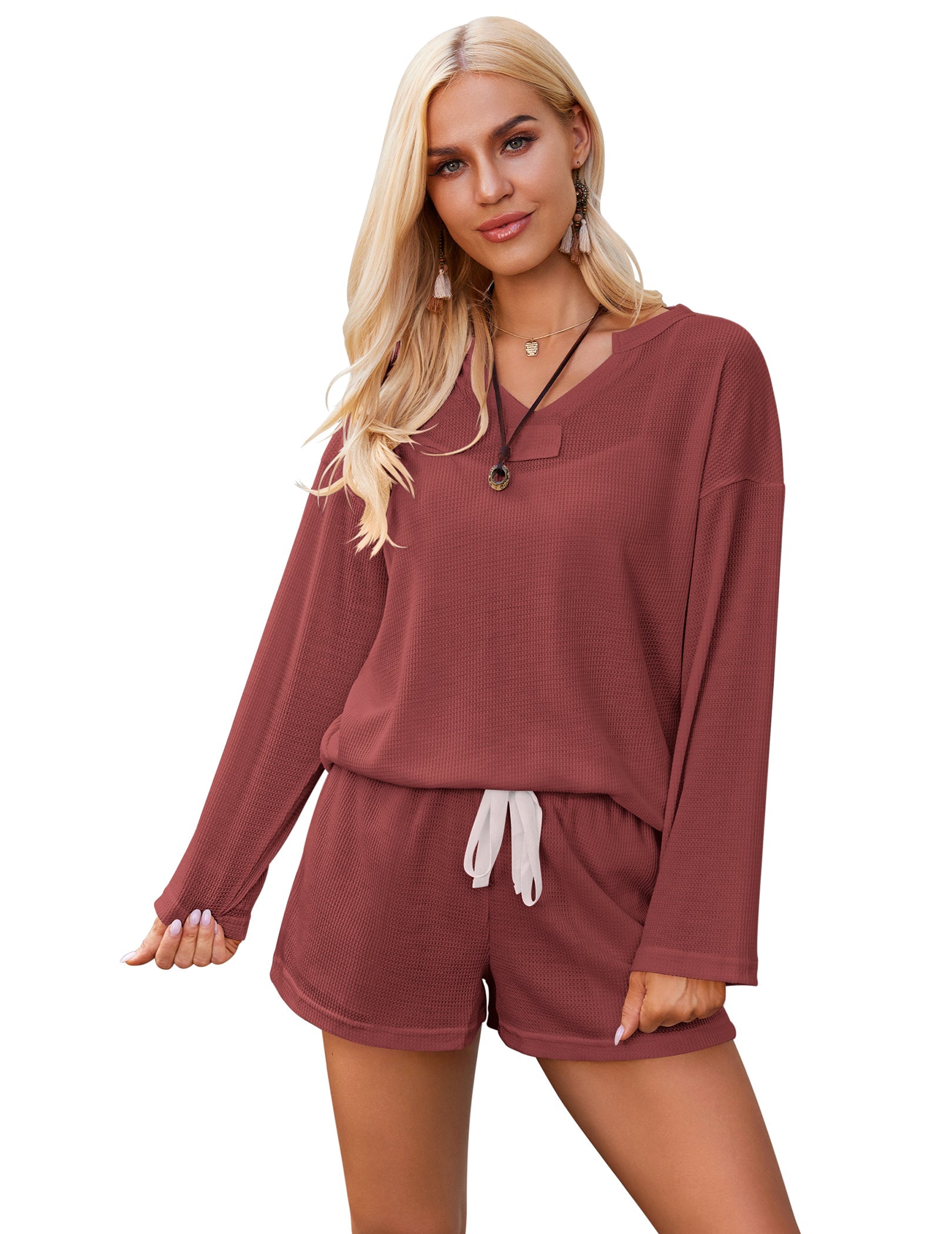 Deep red knit long-sleeve pajama set with hooded neckline and drawstring shorts