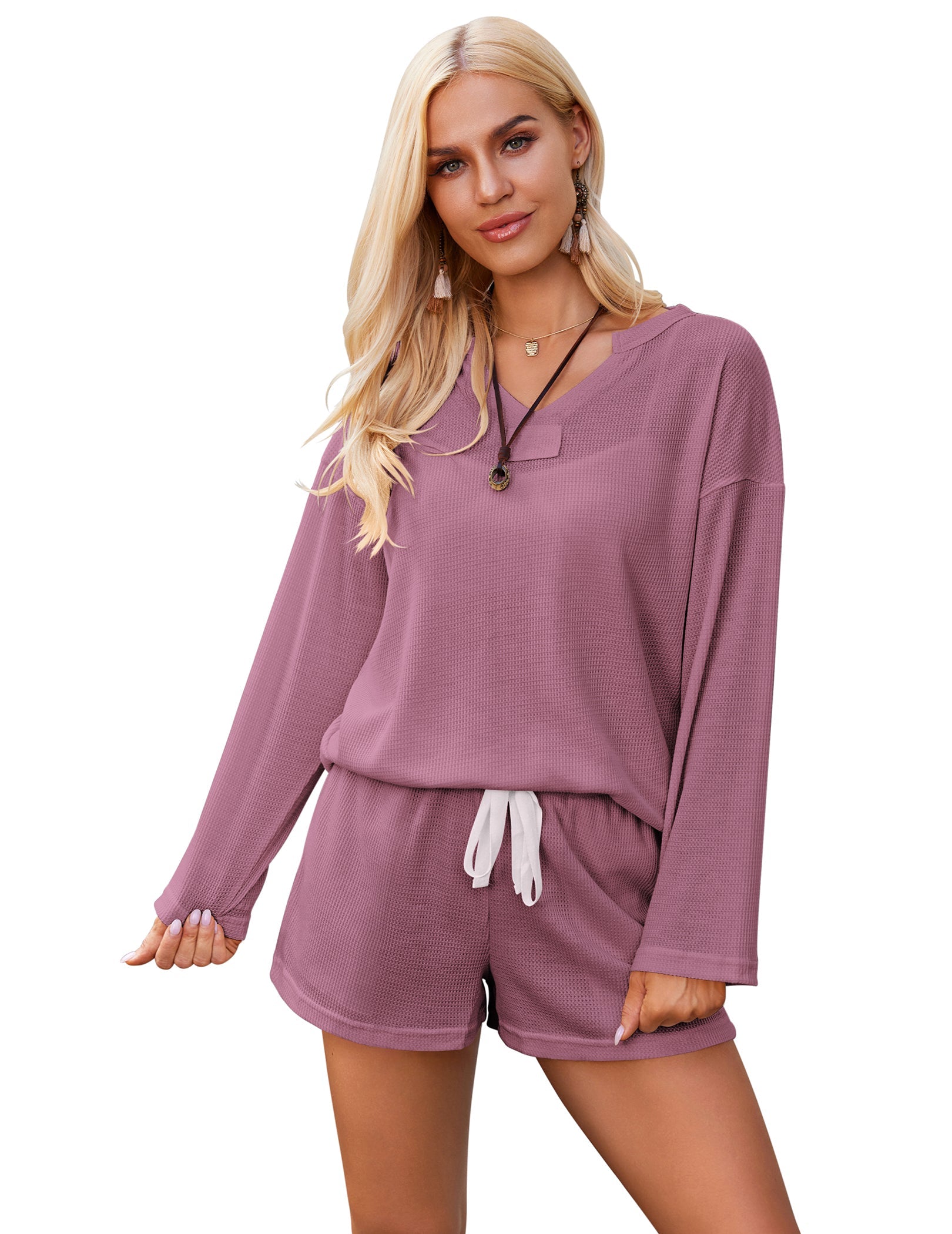 Lavender knit long-sleeve pajama set with hooded neckline and drawstring shorts