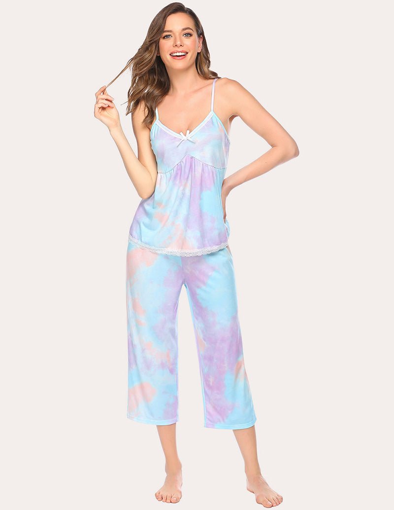 Pastel tie-dye lace-trim camisole and capri pajama set with ruffled hem