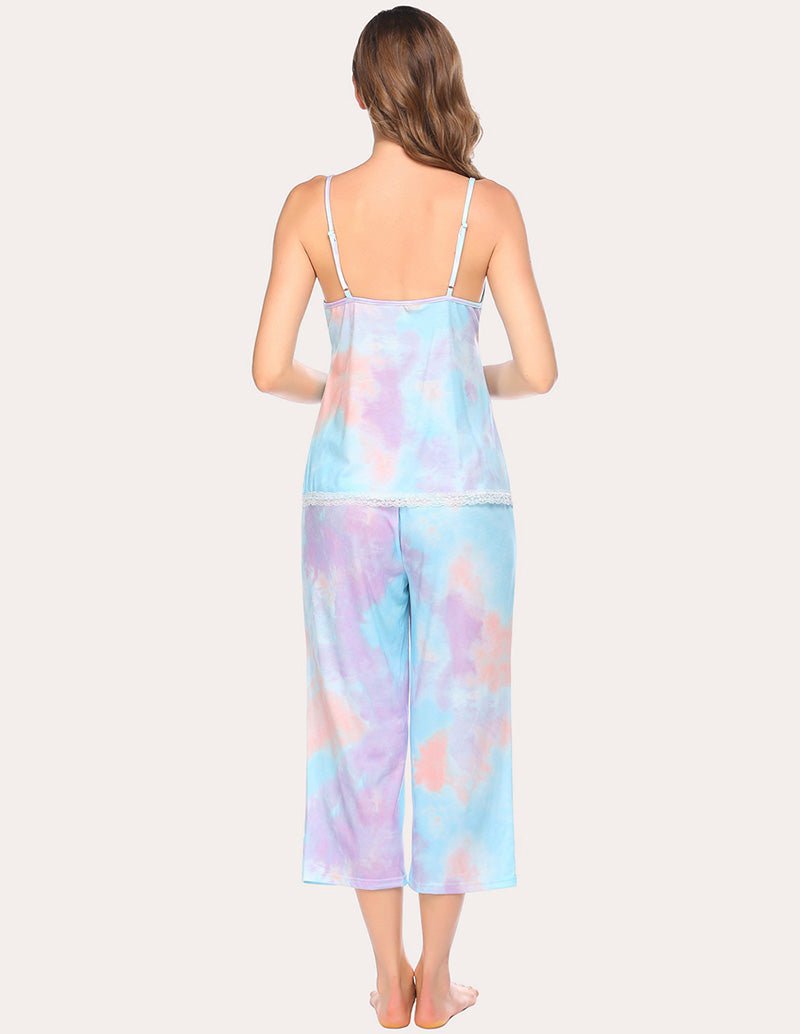 Back view: lace-trim cami top with spaghetti straps and matching capri pants, tie-dye