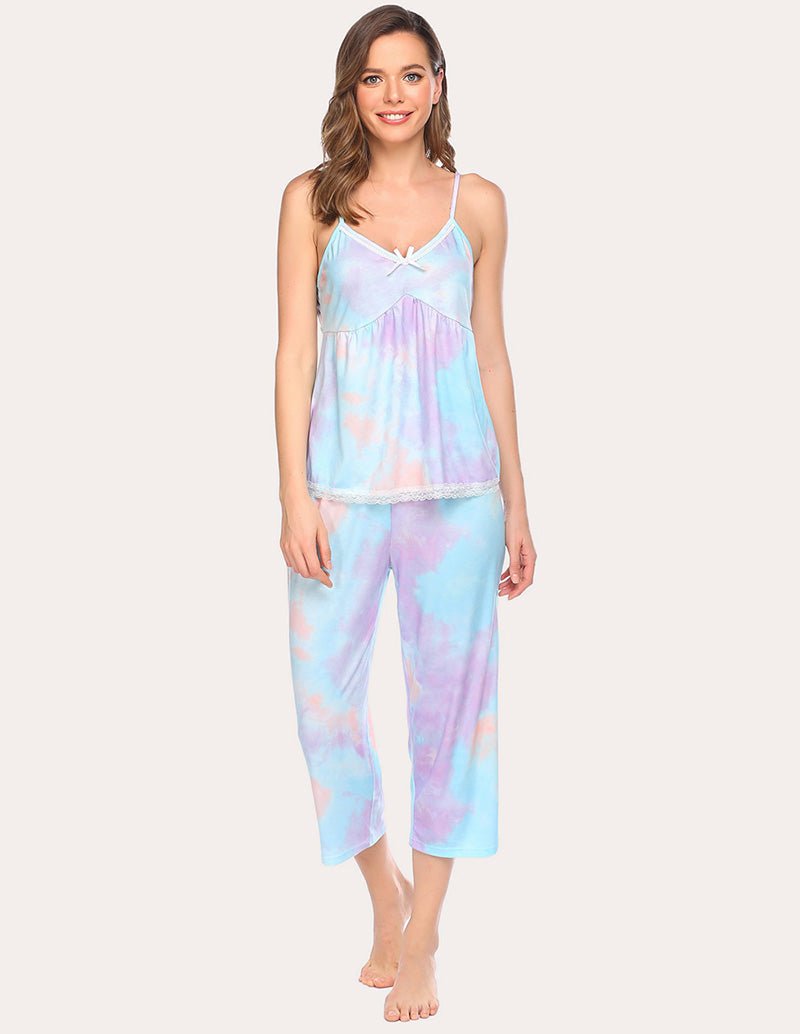 Tie-dye camisole & capri pajama set, lace-trim bow front, blue-purple print
