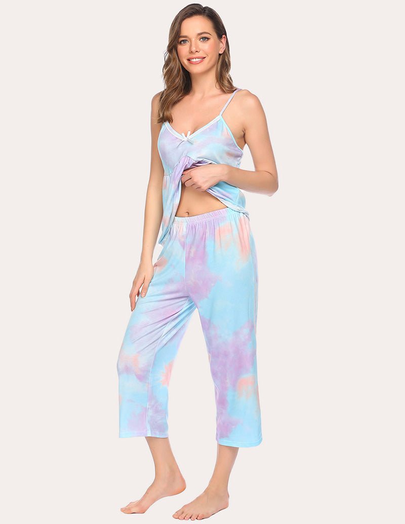 Pastel tie-dye camisole and capri pajama set with lace bow detail and cropped pants
