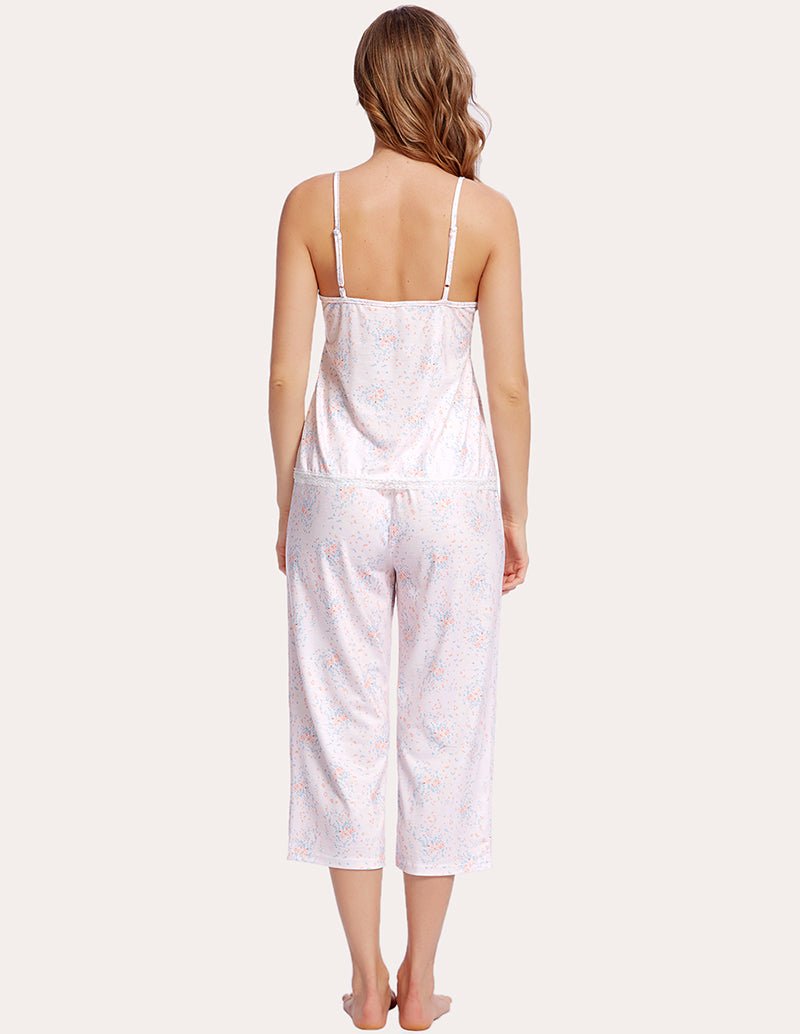 White speckled camisole and capri pajama set, open back with thin adjustable straps