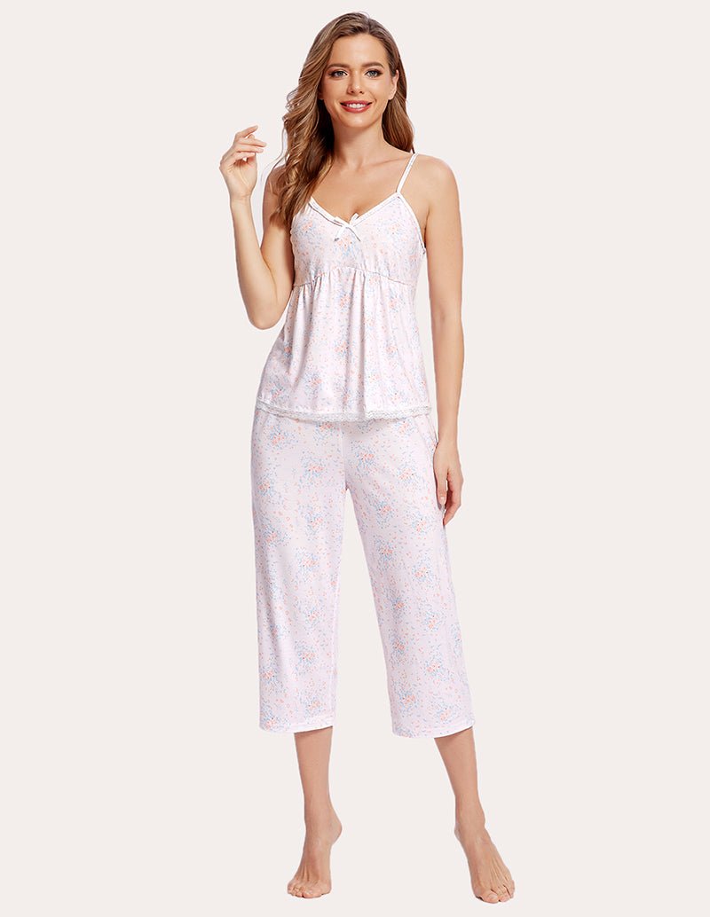White lace-trim camisole and capri pajama set with subtle allover speckle print