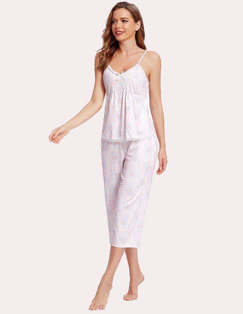 White speckled camisole and capri pajama set with lace-trim hem and ankle-length capris