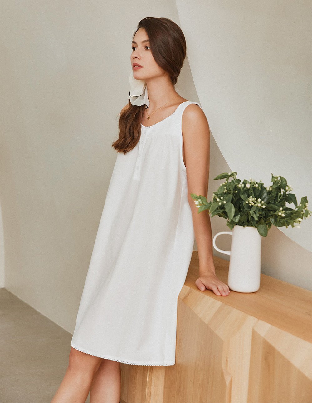 White lace-trim nightdress, sleeveless A-line with scalloped edge hem