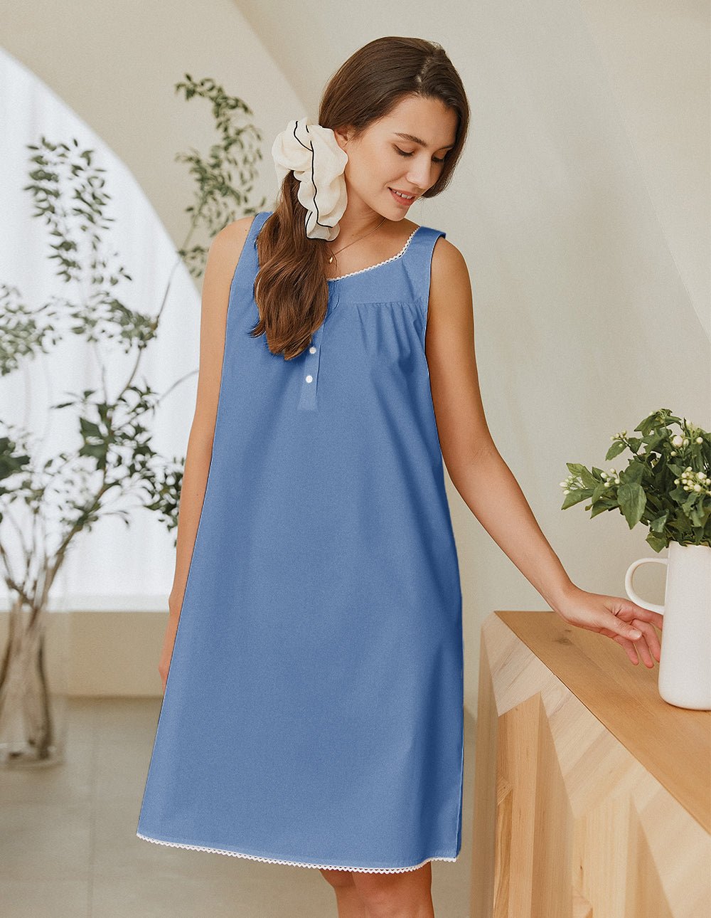 Blue lace-trim sleeveless nightdress with square neckline