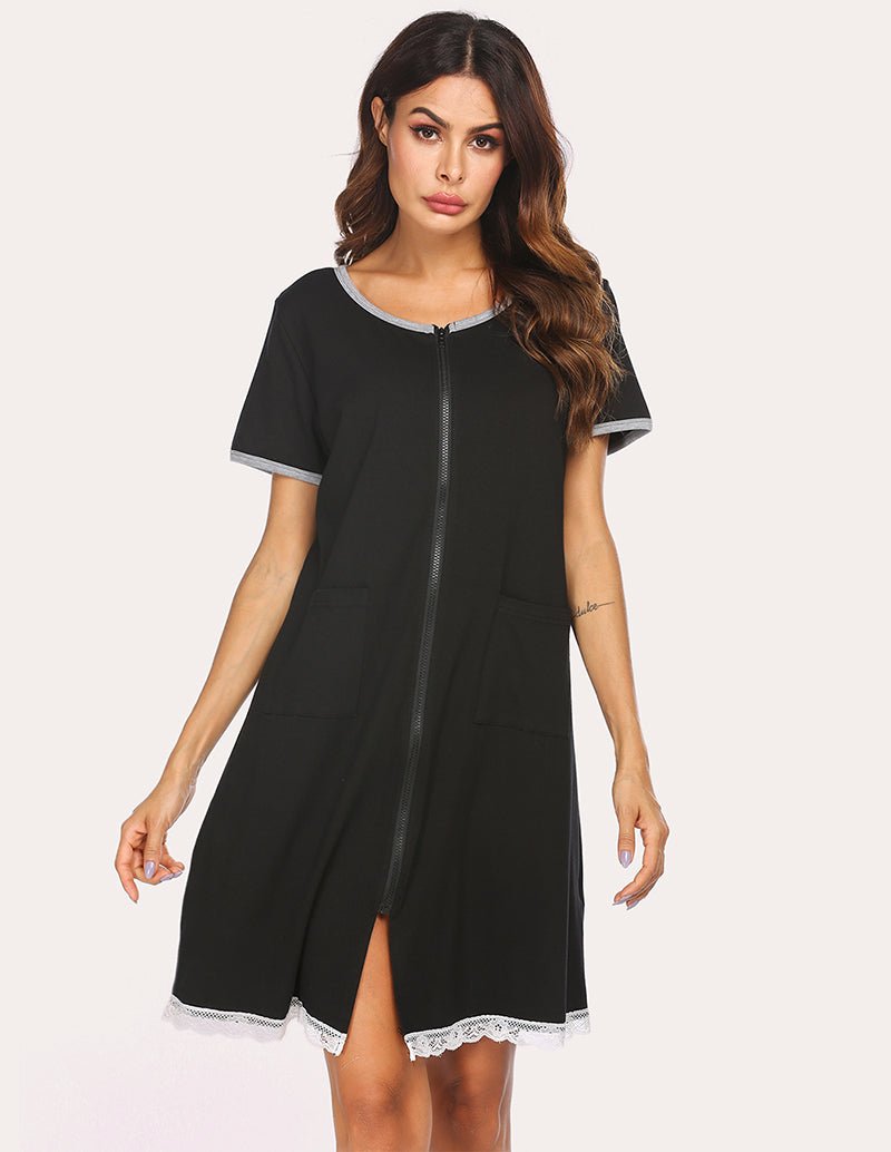 Black lace-trim nightdress with front zip and side pockets, front view