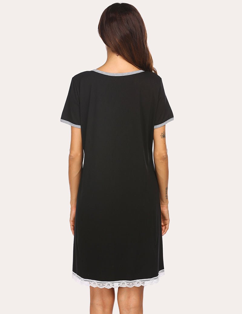 Black nightdress, back view with lace-trimmed hem and short sleeves