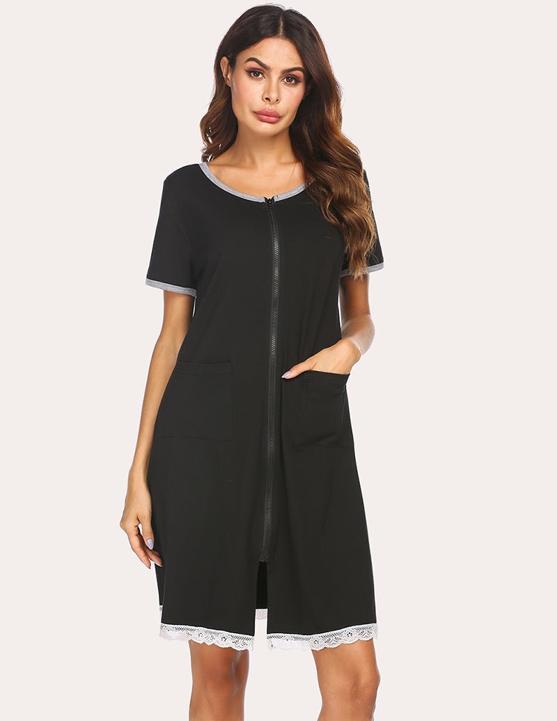 Black nightdress with lace hem trim and front pocket, short sleeves