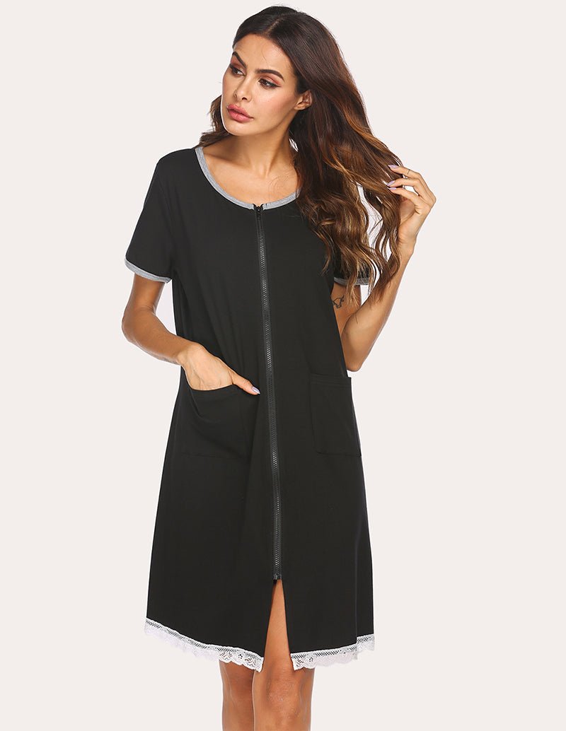 Black lace-trim nightdress with front zip, side slit hem, and side pockets