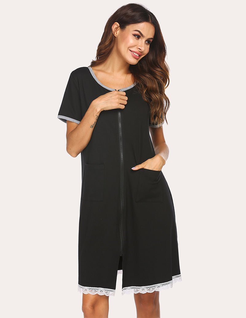 Black lace-trim nightdress with side pockets and front zip, 3/4 view