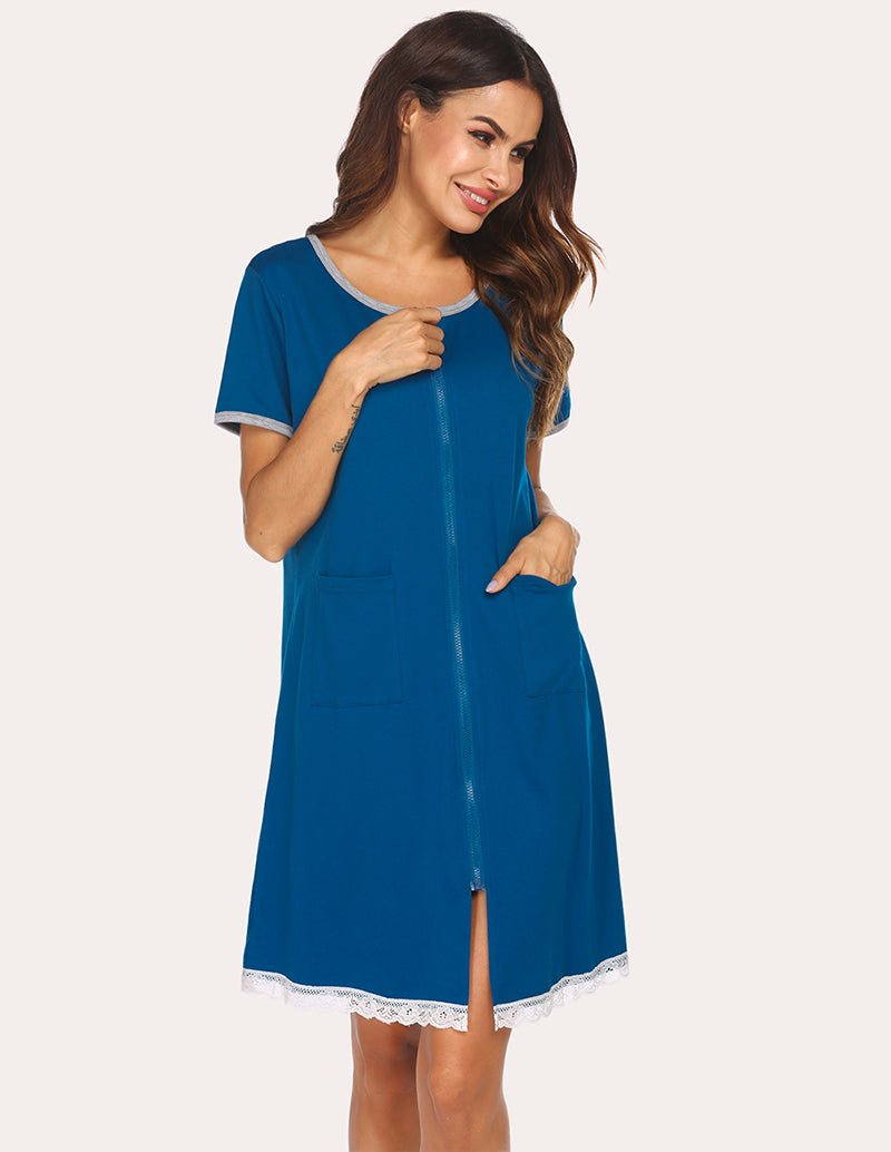 Blue lace-trim nightdress with front zip and side pockets, 3/4 front view