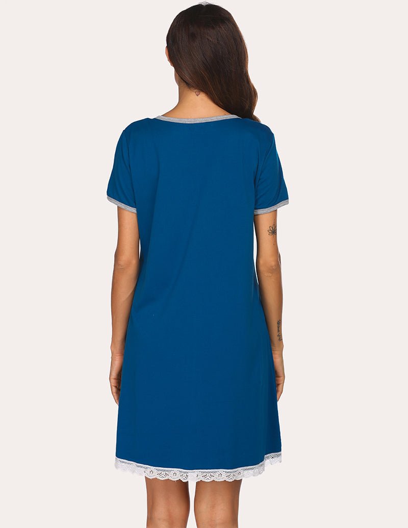 Blue lace-trim nightdress, back view with short sleeves and lace-edged hem