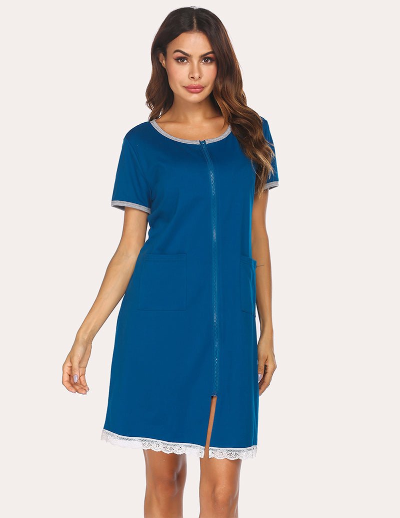 Blue lace-trim nightdress with front zip, short sleeves, and side pockets