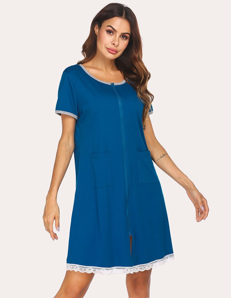 Blue lace-trim nightdress with front zip and side pockets, front view