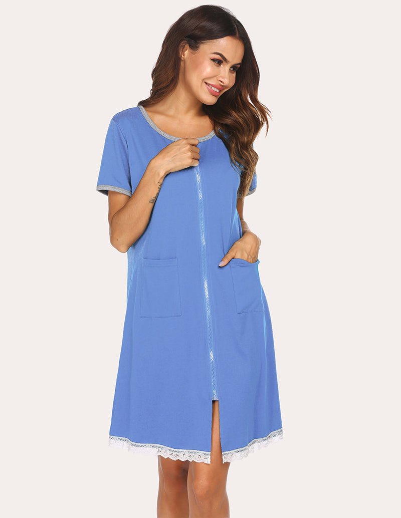 Light blue lace-hem nightdress with side pockets and short sleeves, front view