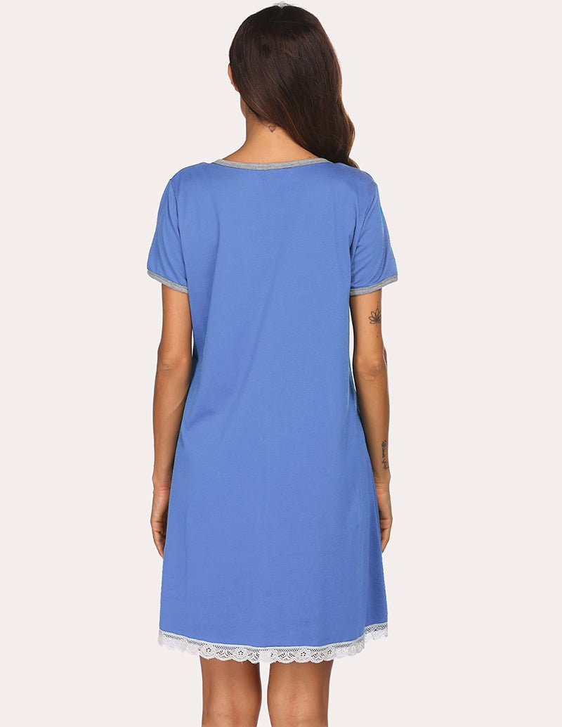 Light blue lace-hem nightdress with short sleeves, back view, and side pockets