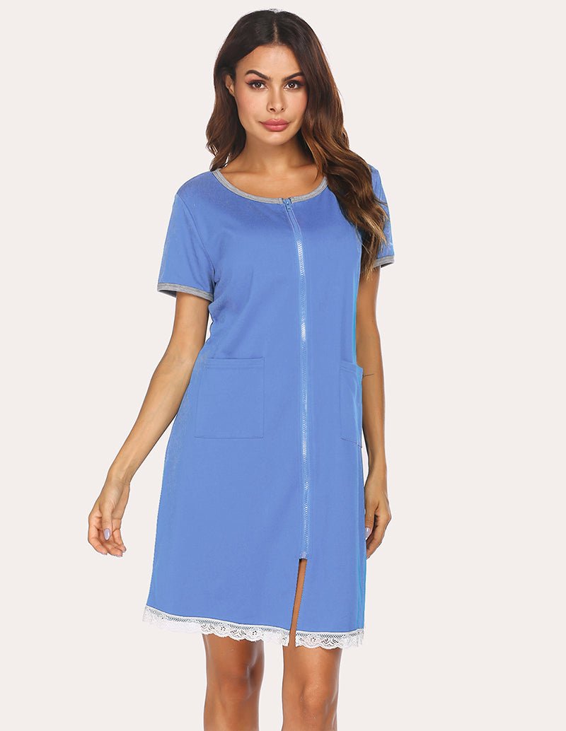 Light blue lace-hem nightdress with short sleeves, front placket, and side pockets