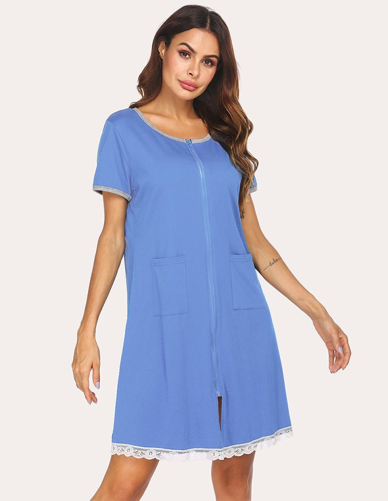 Light blue lace-hem nightdress with front placket, short sleeves, and pocket detail