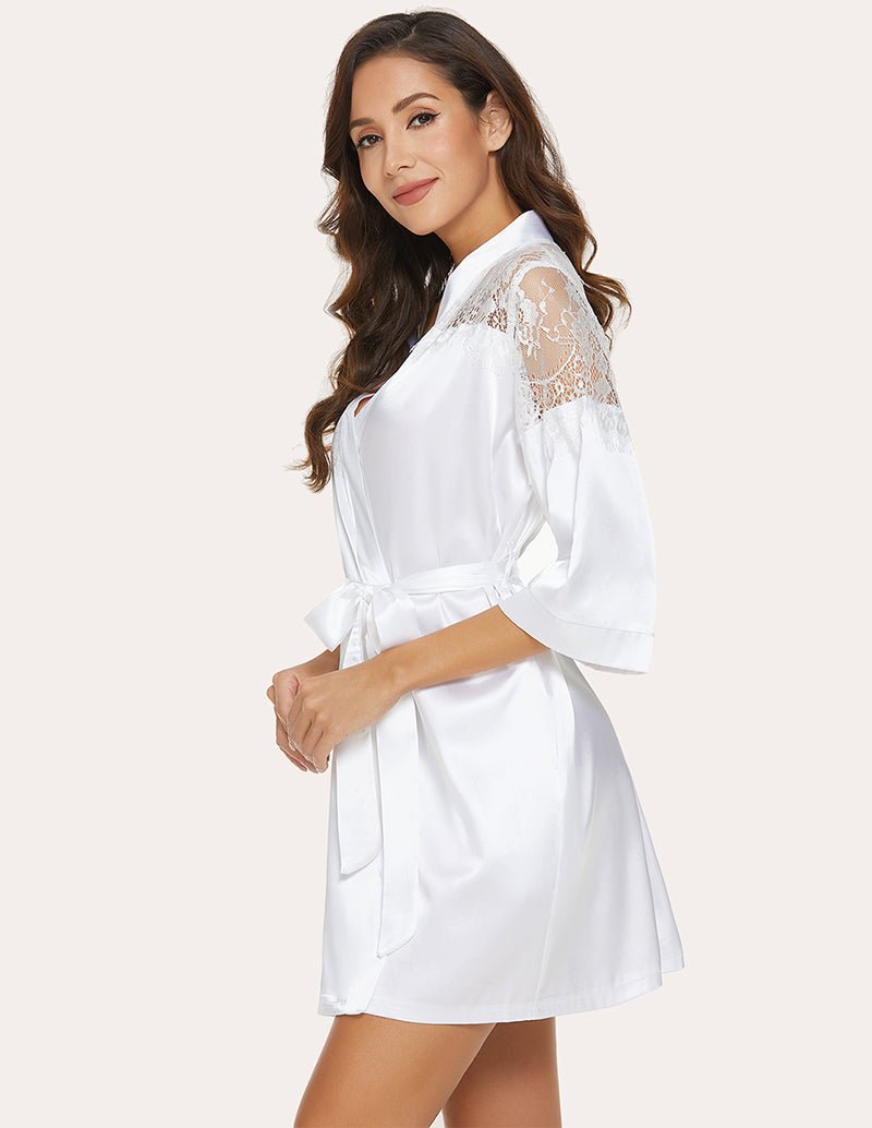 White belted kimono robe with lace-trim sleeves and V-neck, side view
