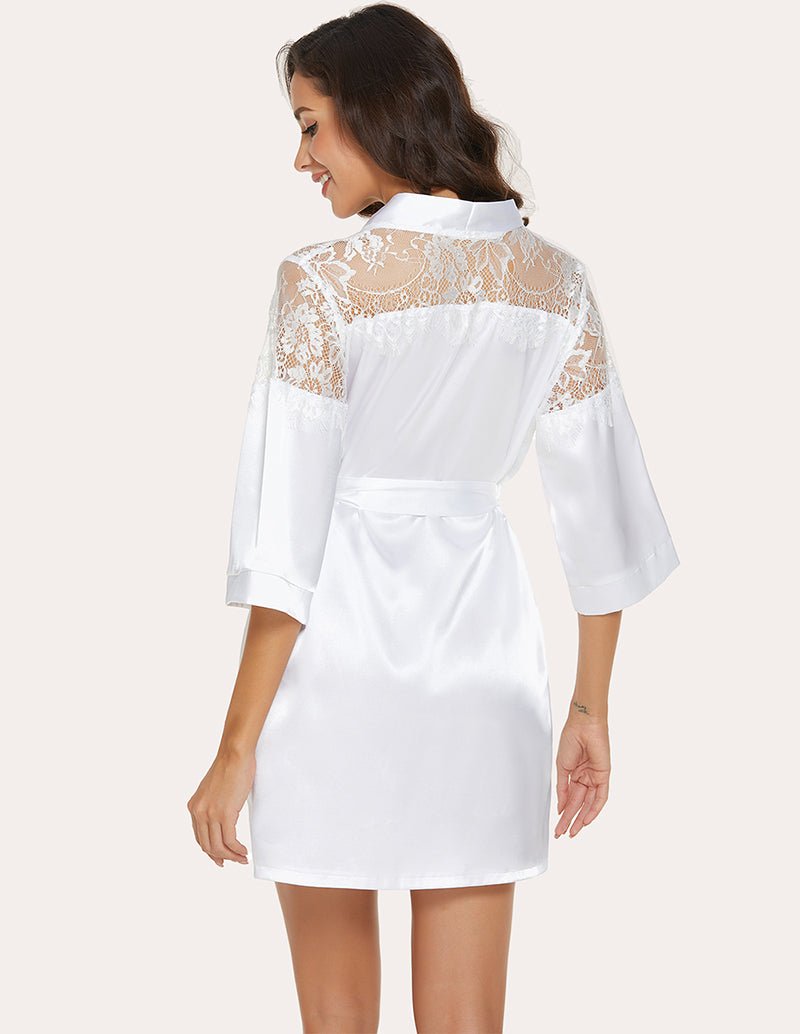 White lace kimono robe, back view, lace yoke and tie belt