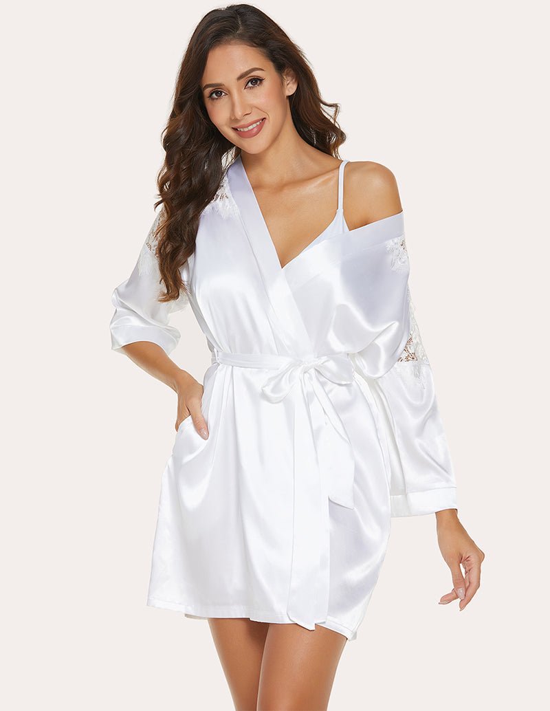 White satin robe with lace overlay at sleeves, V-neck and tied waist, off-shoulder