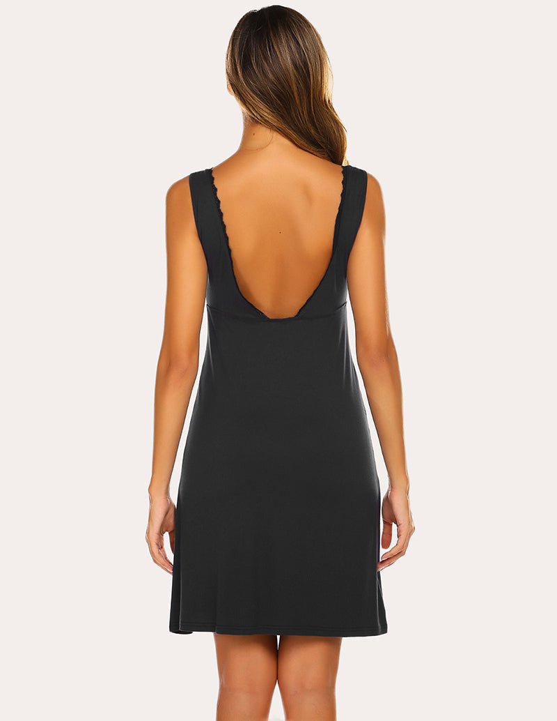 Black lace patchwork babydoll nightdress, sleeveless with open back and lace trim