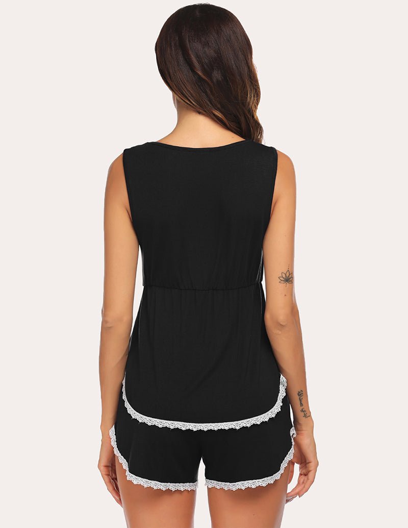Black maternity nursing pajama set from back, sleeveless tank and lace-trimmed shorts