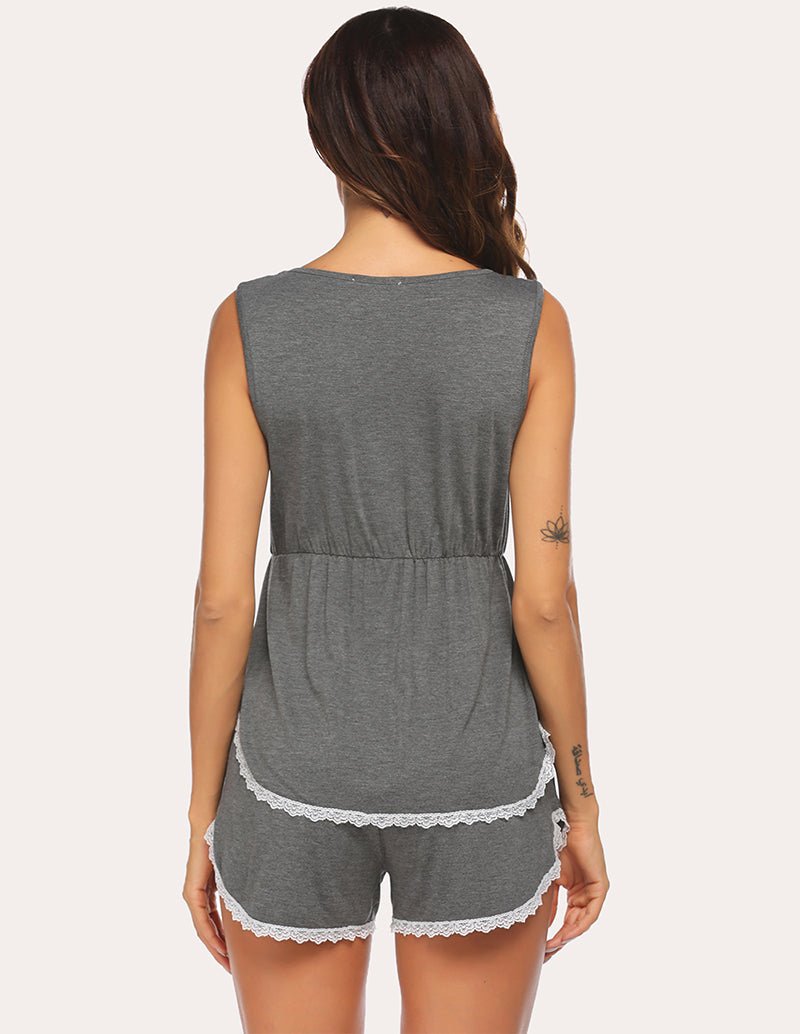 Grey maternity nursing pajama set from back, sleeveless tank and lace-trimmed shorts