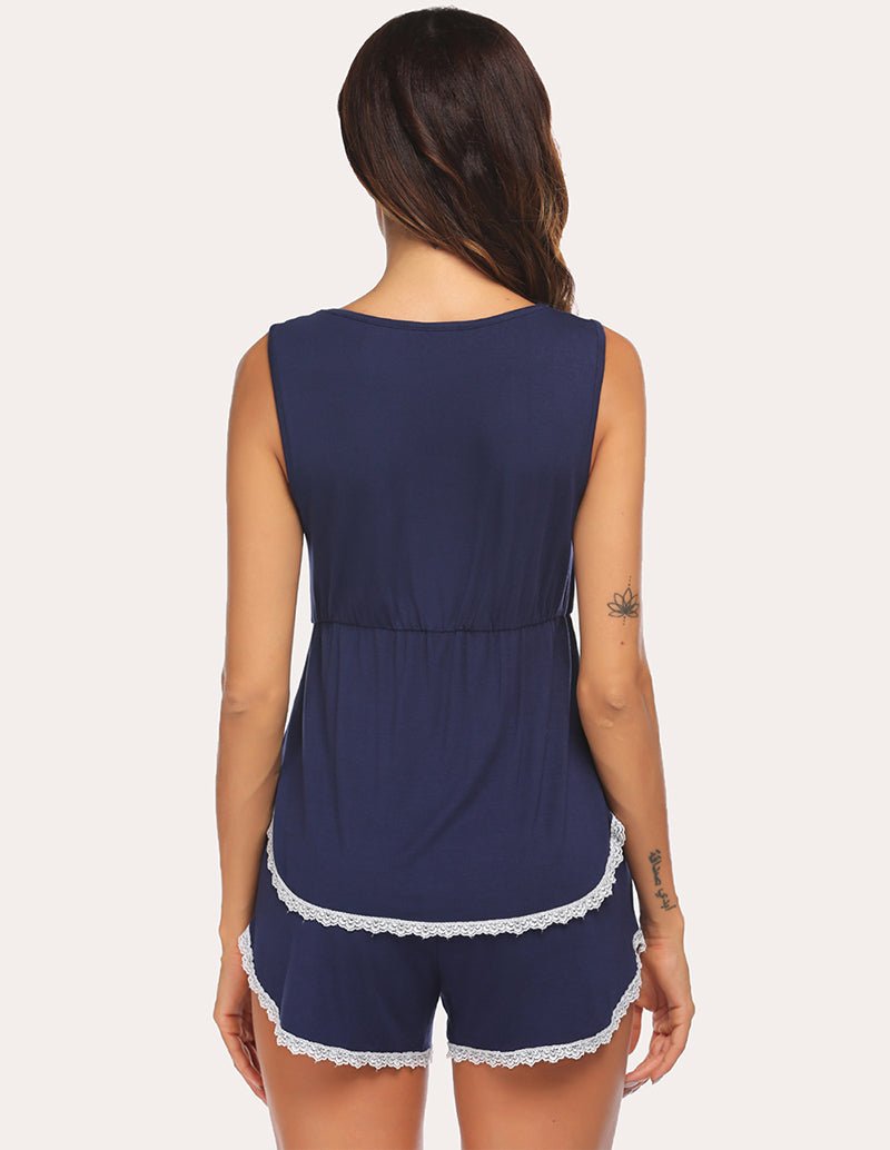 Navy maternity nursing pajama set, sleeveless with back yoke and lace hem trim