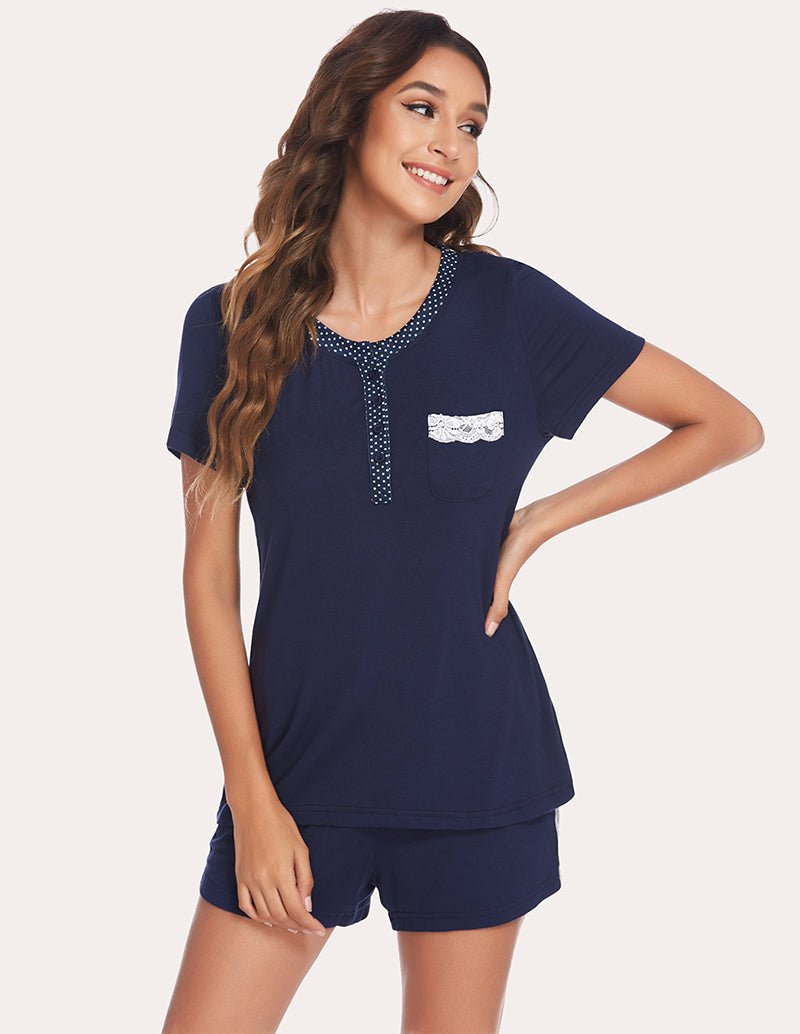Navy lace-trim pajama set with short-sleeve top and drawstring shorts, side view