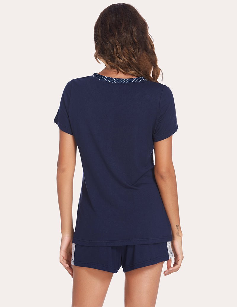Navy lace-trim pajama set with short-sleeve top and drawstring shorts, back view