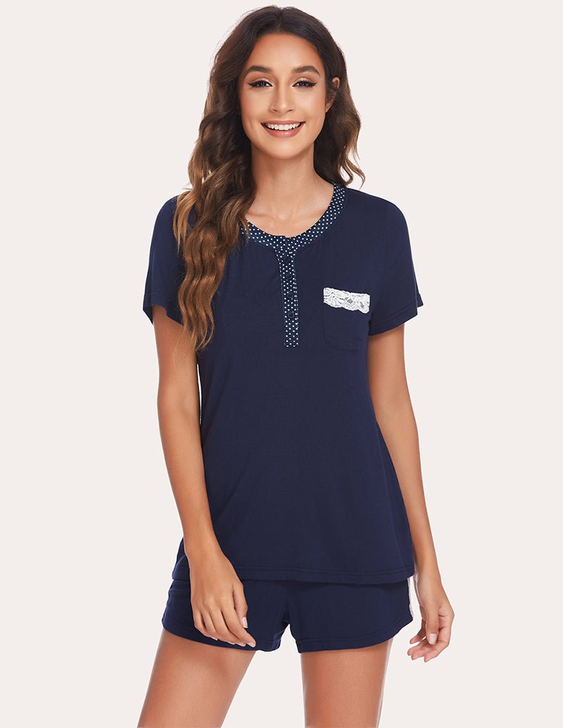 Navy lace-trim pajama set with short-sleeve top and drawstring shorts, front view
