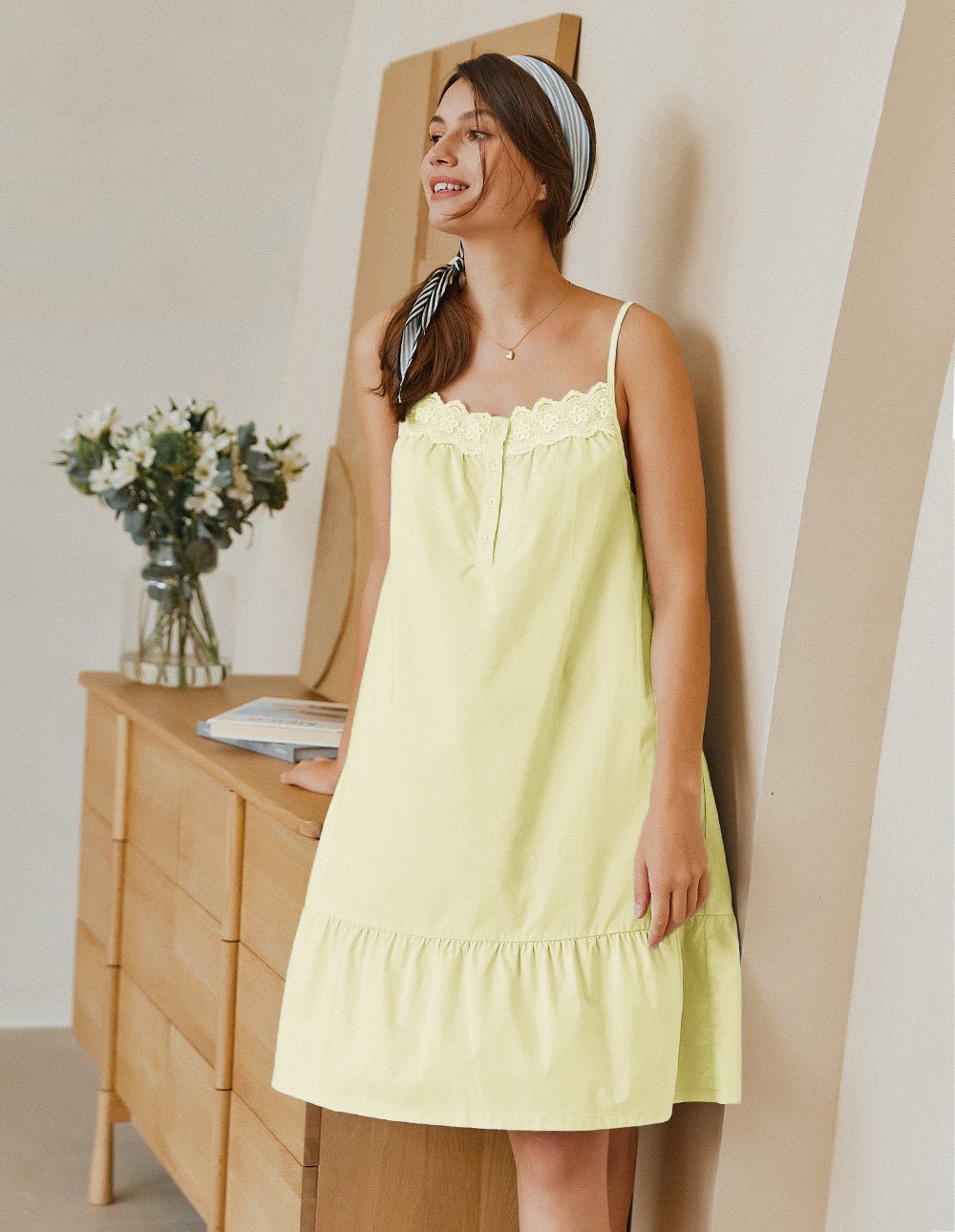 Lemon yellow lace-trim pajama dress with sleeveless straps and ruffle hem