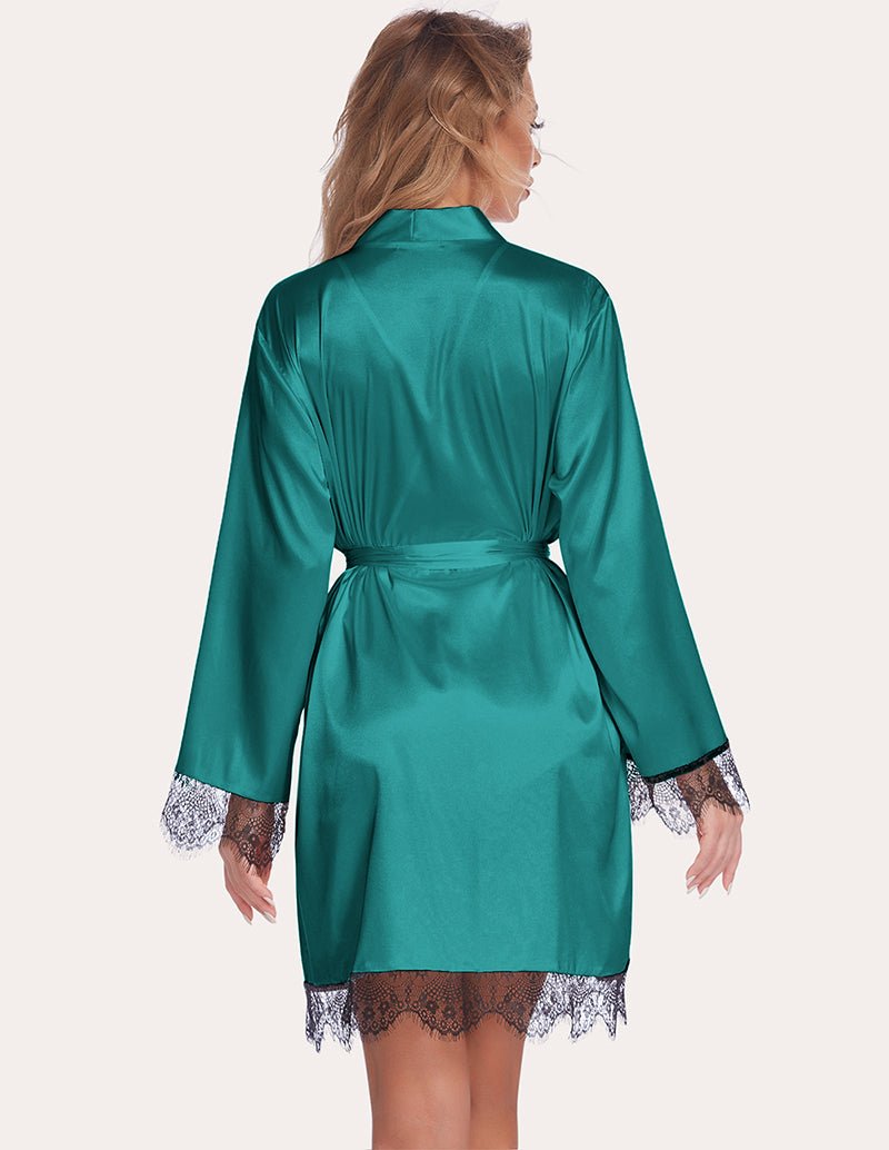 Dark green satin robe, long sleeves and lace-trimmed hem with waist tie