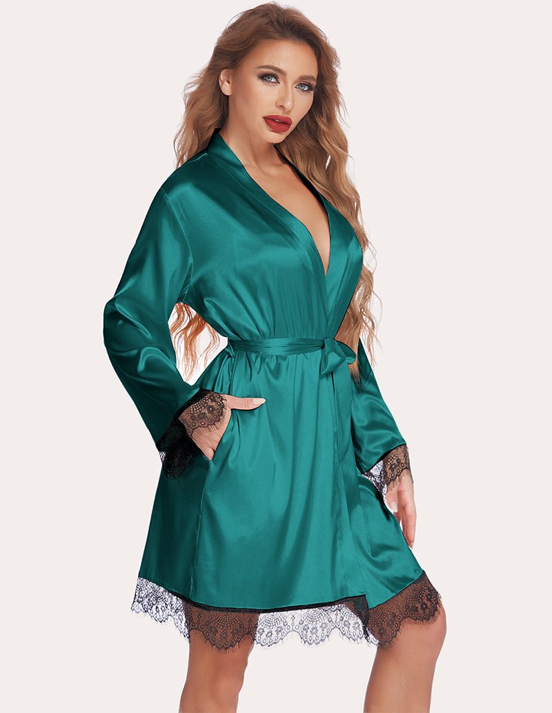 Lace satin robe set in deep teal with belted robe waist and black lace hem